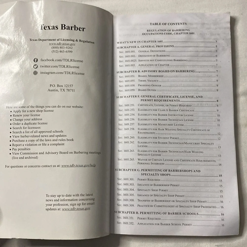 Texas Barber Laws and Rules Book‎ 2020 TDLR Barbering Regulations EUC